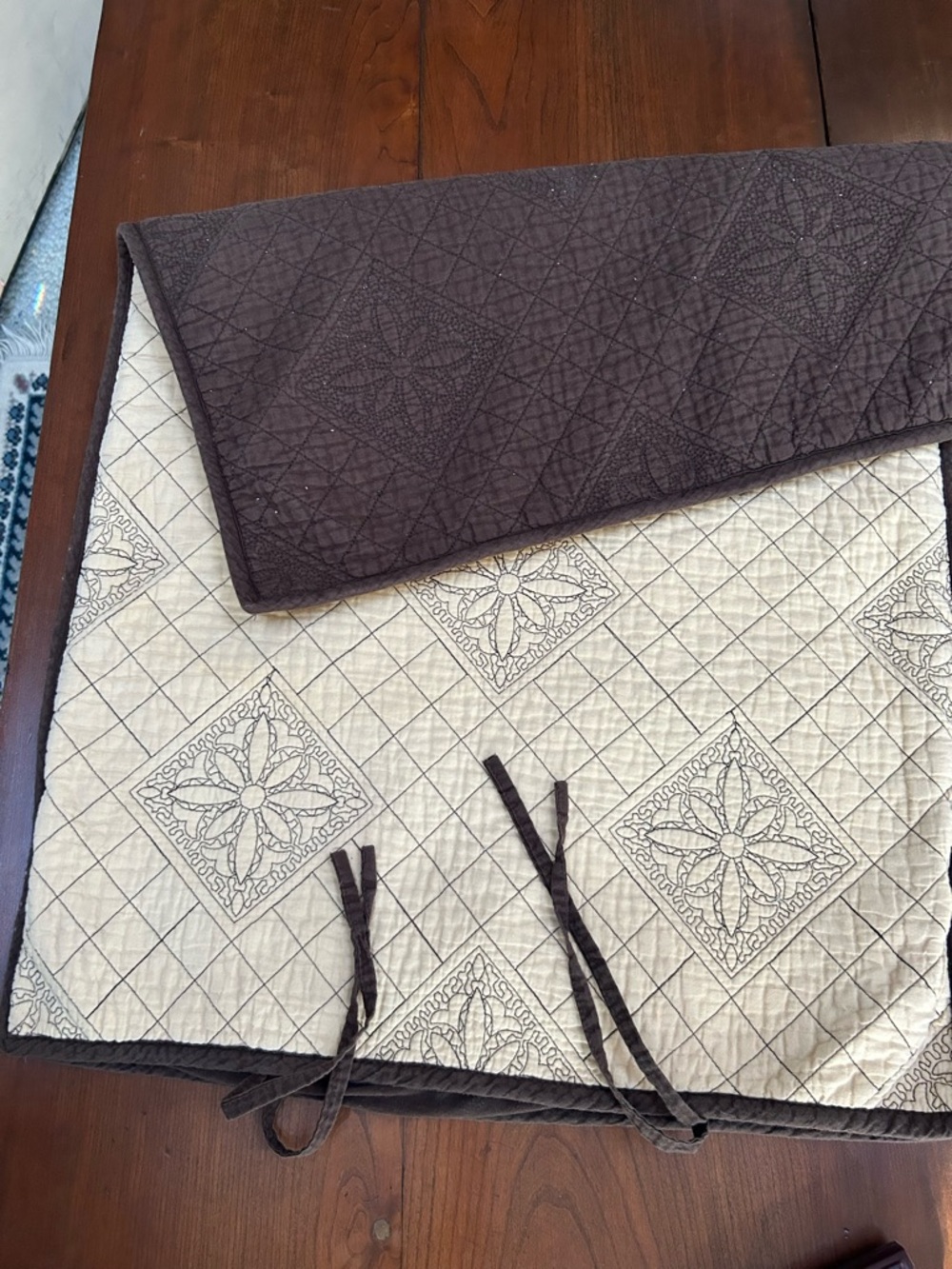 Set/2 Reversible Thick Quilted pillow Shams-Chocolate Brown/Cream, ties closed.